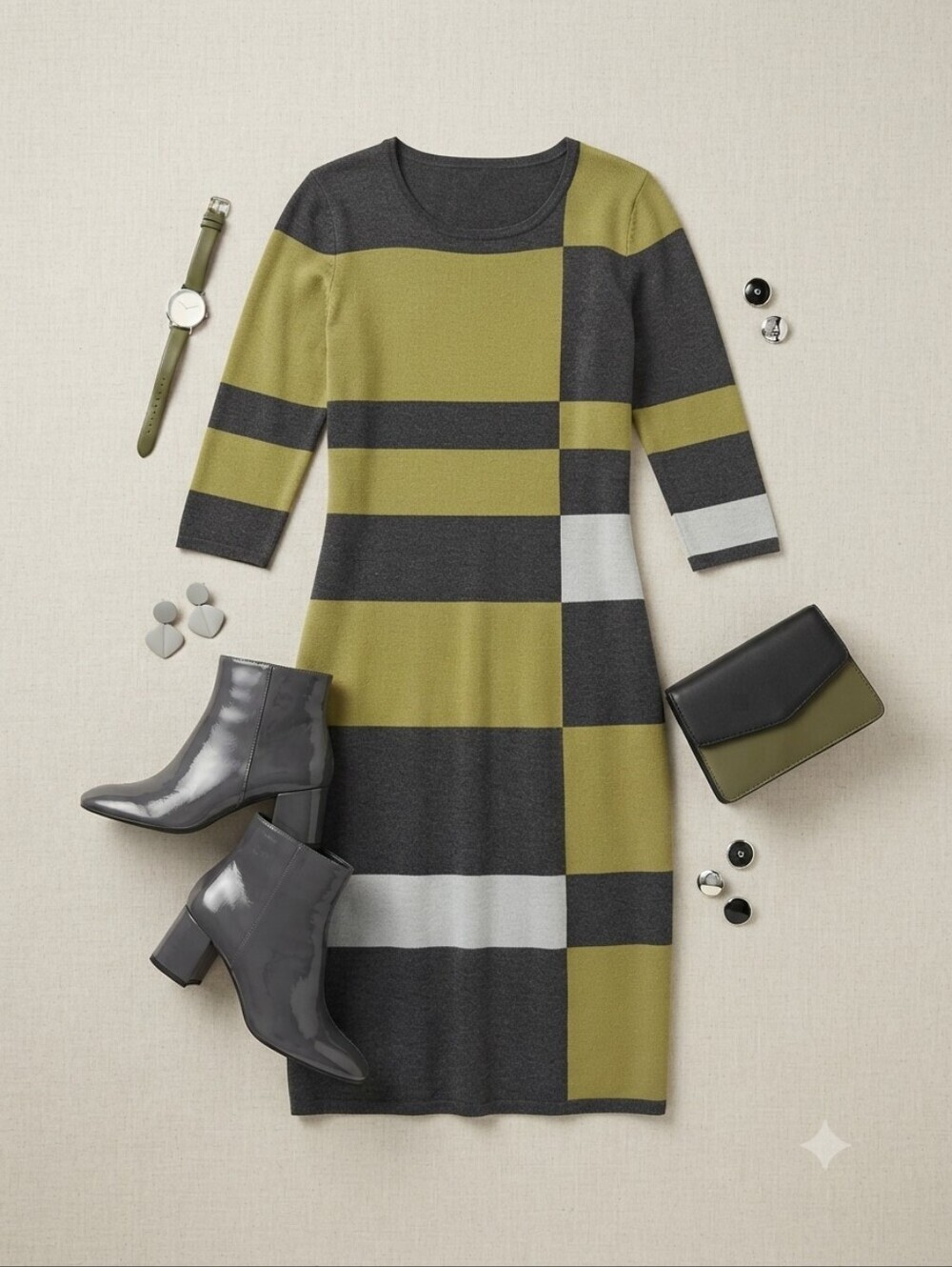 Danny & Nicole Green Gray Colorblock 3/4 Sleeve Midi Knit Dress